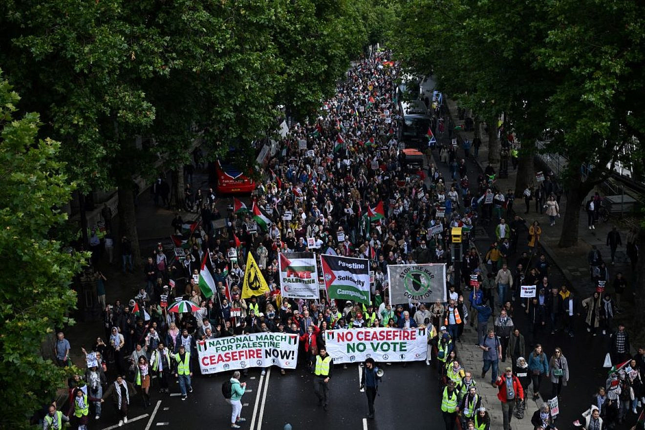 Anti-Israel protesters at the pro-Hamas "National March for Gaza" in London on July 6, 2024. Credit: Justin Tallis/AFP via Getty Images.