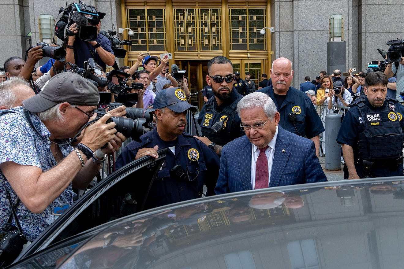 U.S. Sen. Bob Menendez (D-N.J.) exits Manhattan federal court on July 16, 2024 in New York City, where the jury found Menendez guilty of taking bribes of gold bars, a luxury car, and cash in exchange for using his position to help foreign governments. Photo by Adam Gray/Getty Images.