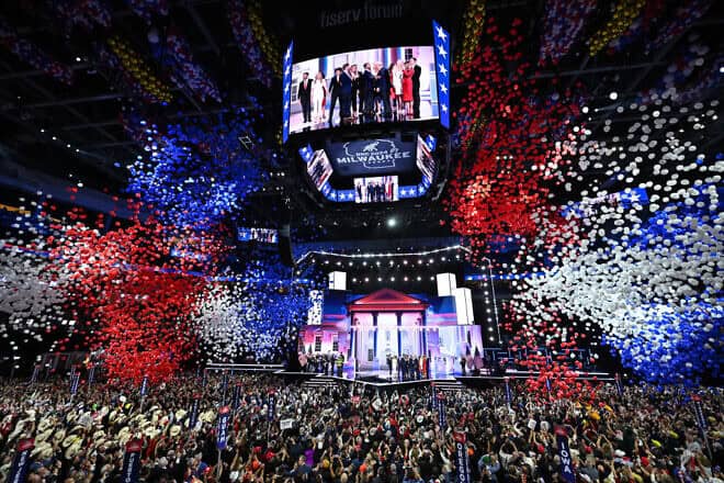 Balloons fall after former U.S. President and 2024 Republican presidential candidate Donald Trump accepted his party's nomination on the last day of the 2024 Republican National Convention at the Fiserv Forum in Milwaukee, Wisconsin on July 18, 2024. Photo by Andrew Caballero-Reynolds/AFP via Getty Images.