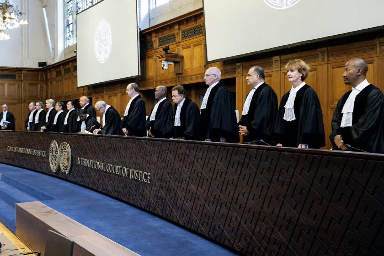 Judges of the International Court of Justice before delivering a non-binding ruling on the legal consequences of Israel's presence in Judea, Samaria and eastern Jerusalem, in The Hague on July 19, 2024. Photo by Nick Gammon/AFP via Getty Images.