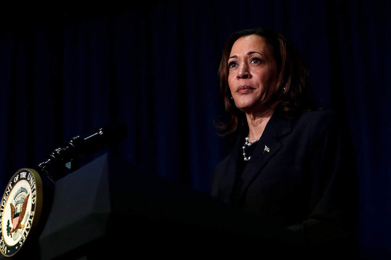 U.S. Vice President Kamala Harris attends a moderated conversation with former Trump administration national security official Olivia Troye and former Republican voter Amanda Stratton in Kalamazoo, Mich., on July 17, 2024. Credit: Chris duMond/Getty Images.