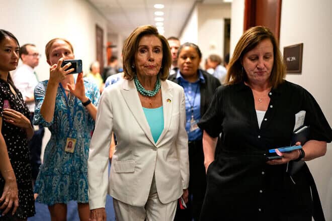 Rep. Nancy Pelosi (D-Calif.) departs a Democratic Caucus meeting at the U.S. Capitol on July 23, 2024 in Washington, D.C. Photo by Kent Nishimura/Getty Images.