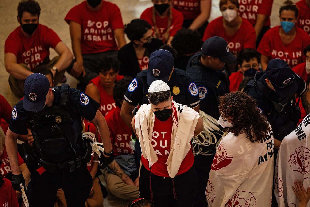 Demonstrators from Jewish Voice For Peace are taken into custody as they protest the war in Gaza at the Canon House Building on July 23, 2024 in Washington, D.C. Photo by Tierney L. Cross/Getty Images.