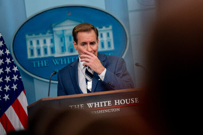 White House national security communications advisor John Kirby pauses while speaking during a news conference in the Brady Press Briefing Room at the White House on July 25, 2024. He wore a “bring them home” dog tag given to him by the father of one of the U.S. hostages in Gaza. Photo by Andrew Harnik/Getty Images.