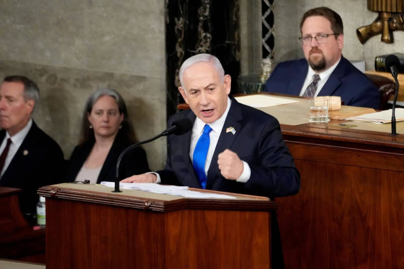 Israeli Prime Minister Benjamin Netanyahu addresses a joint session of Congress on July 24, 2024. Photo by Kent Nishimura/Getty Images.