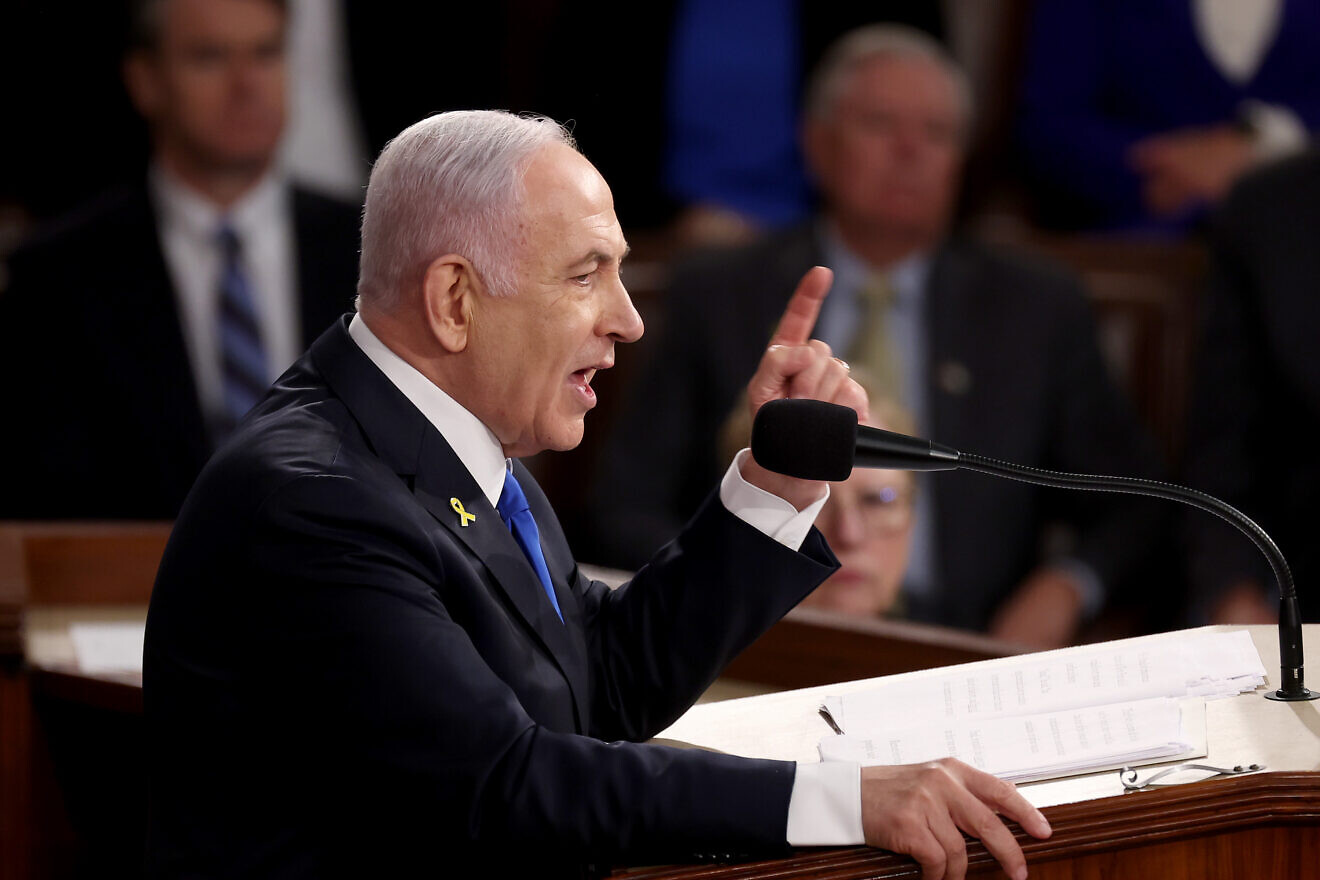 Israeli Prime Minister Benjamin Netanyahu addresses a joint meeting of Congress in the chamber of the House of Representatives at the U.S. Capitol on July 24, 2024 in Washington, D.C. Photo by Justin Sullivan/Getty Images.