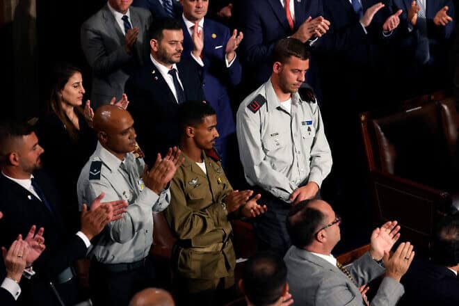 Israel Defense Forces soldiers, including Master Sgt. Ashraf al Bahir, are acknowledged by Prime Minister Benjamin Netanyahu as he addresses a joint session of Congress in Washington, July 24, 2024. Photo by Anna Moneymaker/Getty Images.