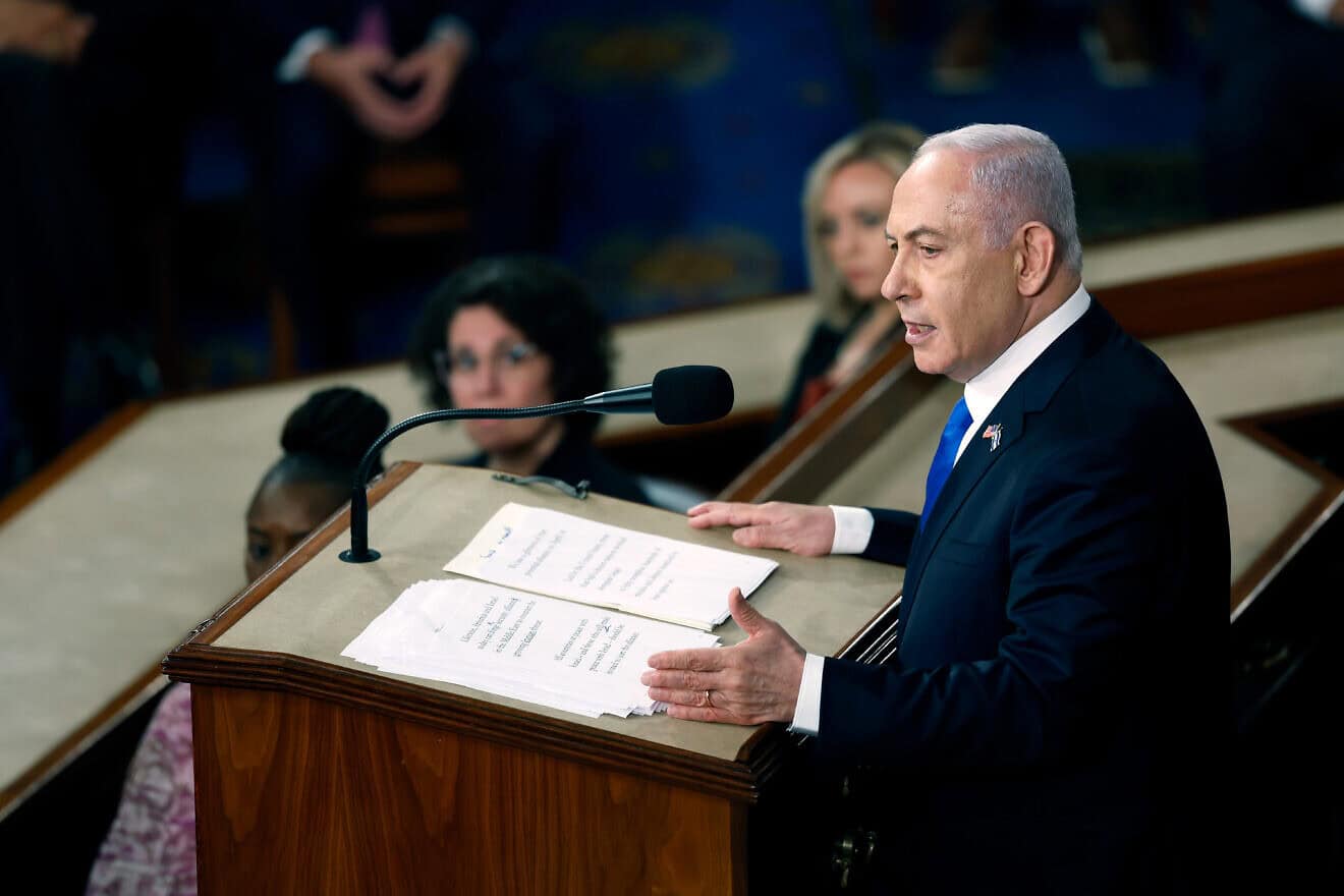 Israeli Prime Minister Benjamin Netanyahu addresses a joint meeting of Congress in the chamber of the House of Representatives at the U.S. Capitol on July 24, 2024 in Washington, D.C. Photo by Anna Moneymaker/Getty Images.