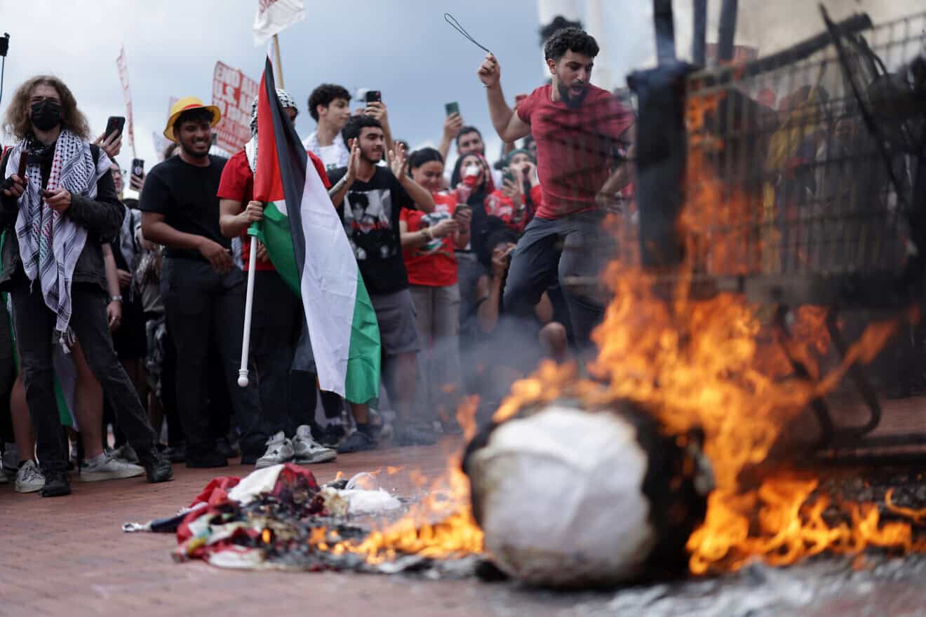 Activists cheer as they burn flags and a puppet of Israeli Prime Minister Benjamin Netanyahu during a pro-Palestinian protest near the U.S. Capitol in Washington, D.C., on July 24, 2024. Photo by Alex Wong/Getty Images.