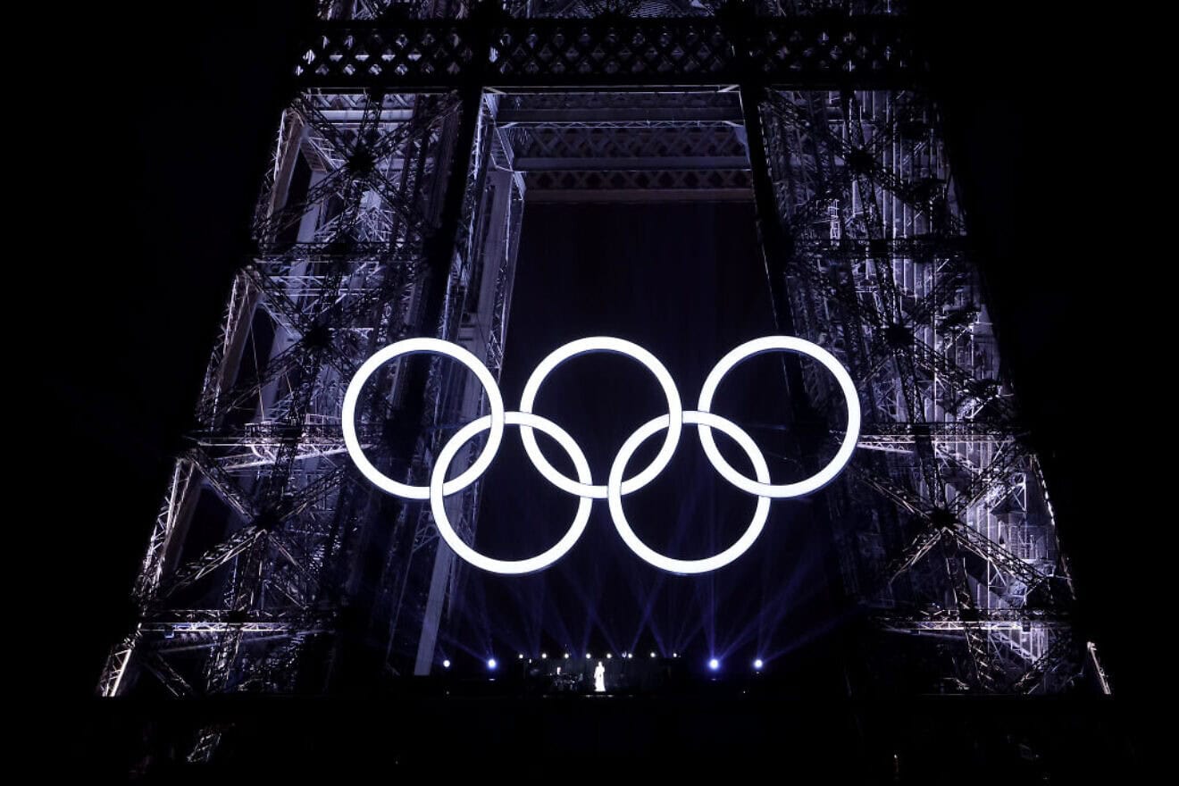 The Olympic logo at the conclusion of the opening ceremony of the Olympic Games in Paris on July 26, 2024. Photo by Hector Vivas/Getty Images.