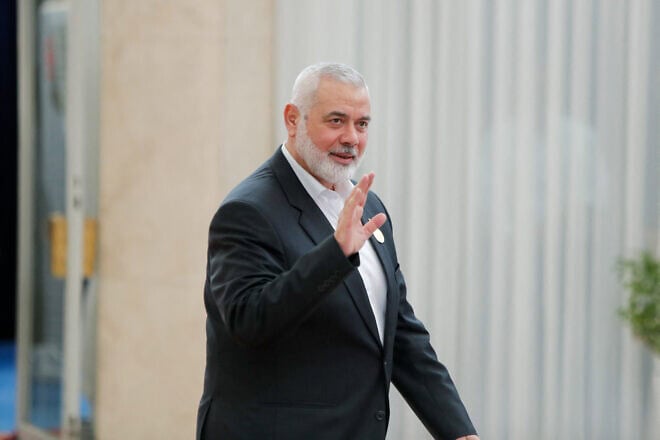 Hamas chief Ismail Haniyeh arrives at the swearing-in ceremony for Iranian President Masoud Pezeshkian in Tehran, July 30, 2024. Photo by Saman/Middle East Images/AFP via Getty Images.