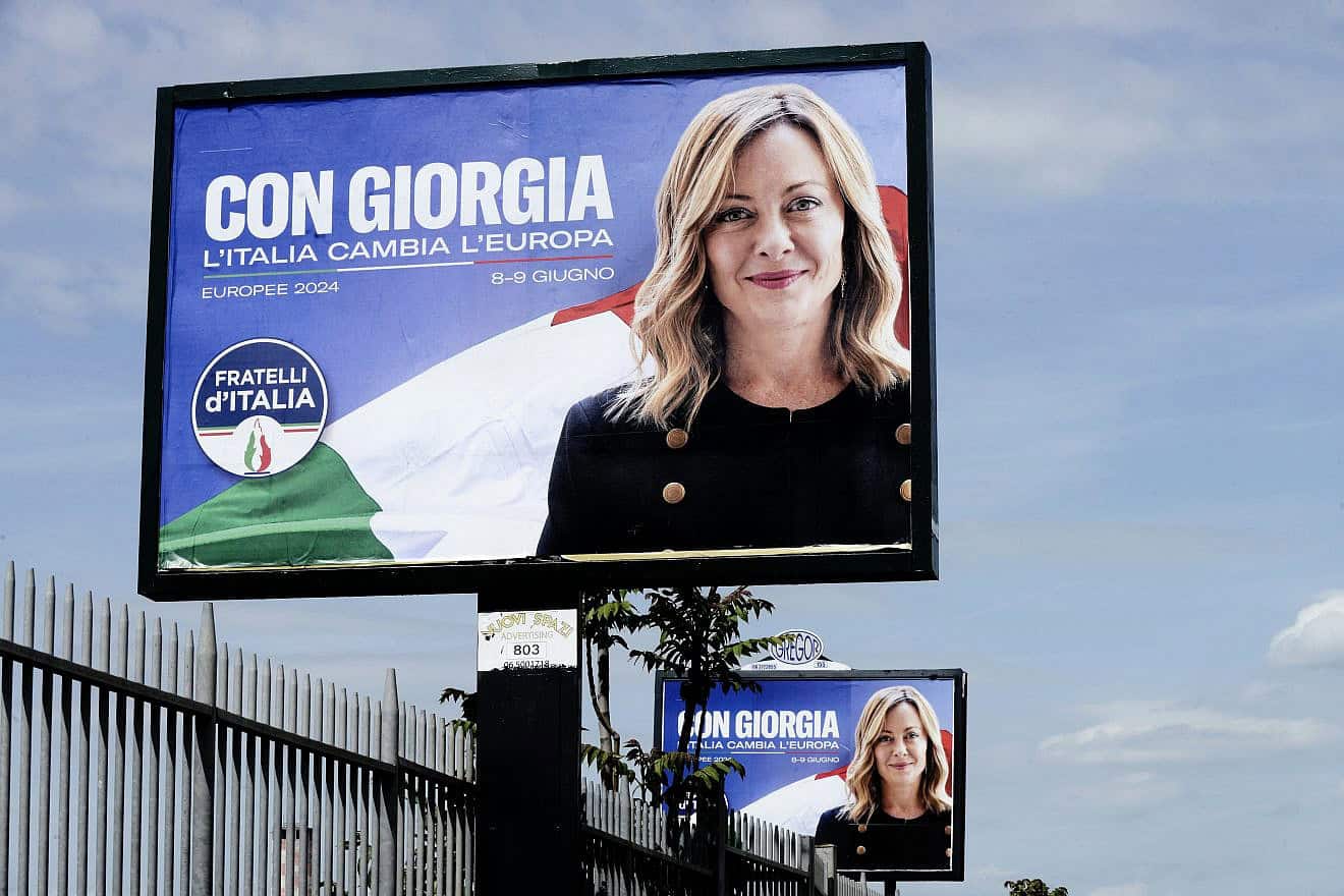 "With Giorgia, Italy changes Europe," read the posters in Rome depicting Italy's Prime Minister Giorgia Meloni ahead of June’s European Parliament election, April 27, 2024. Photo by Simona Granati-Corbis/Corbis via Getty Images.