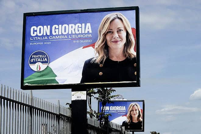 "With Giorgia, Italy changes Europe," read the posters in Rome depicting Italy's Prime Minister Giorgia Meloni ahead of June’s European Parliament election, April 27, 2024. Photo by Simona Granati-Corbis/Corbis via Getty Images.