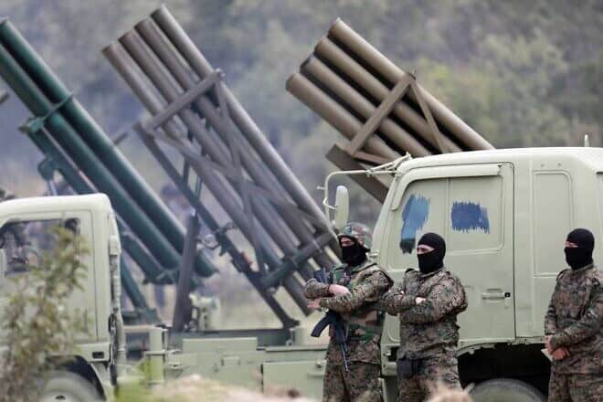 Hezbollah gunmen and rocket launchers in Southern Lebanon, May 2023. Credit: Tasmin News Agency via Wikimedia Commons.