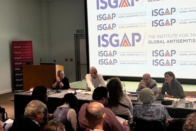 From left: ISGAP Managing Director Sima Vaknin-Gil, Executive Director Dr. Charles Asher Small and Chairman Natan Sharansky, and Israel’s Special Envoy for Combating Antisemitism Michal Cotler-Wunsh, at Oxford University, July 28, 2024. Credit: ISGAP.