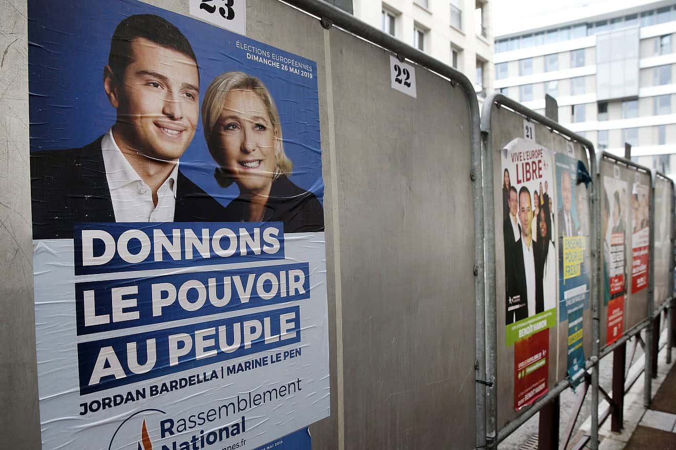 An electoral campaign poster in Paris showing the National Rally’s Jordan Bardella and Marine Le Pen, May 21, 2019. Photo by Chesnot/Getty Images.