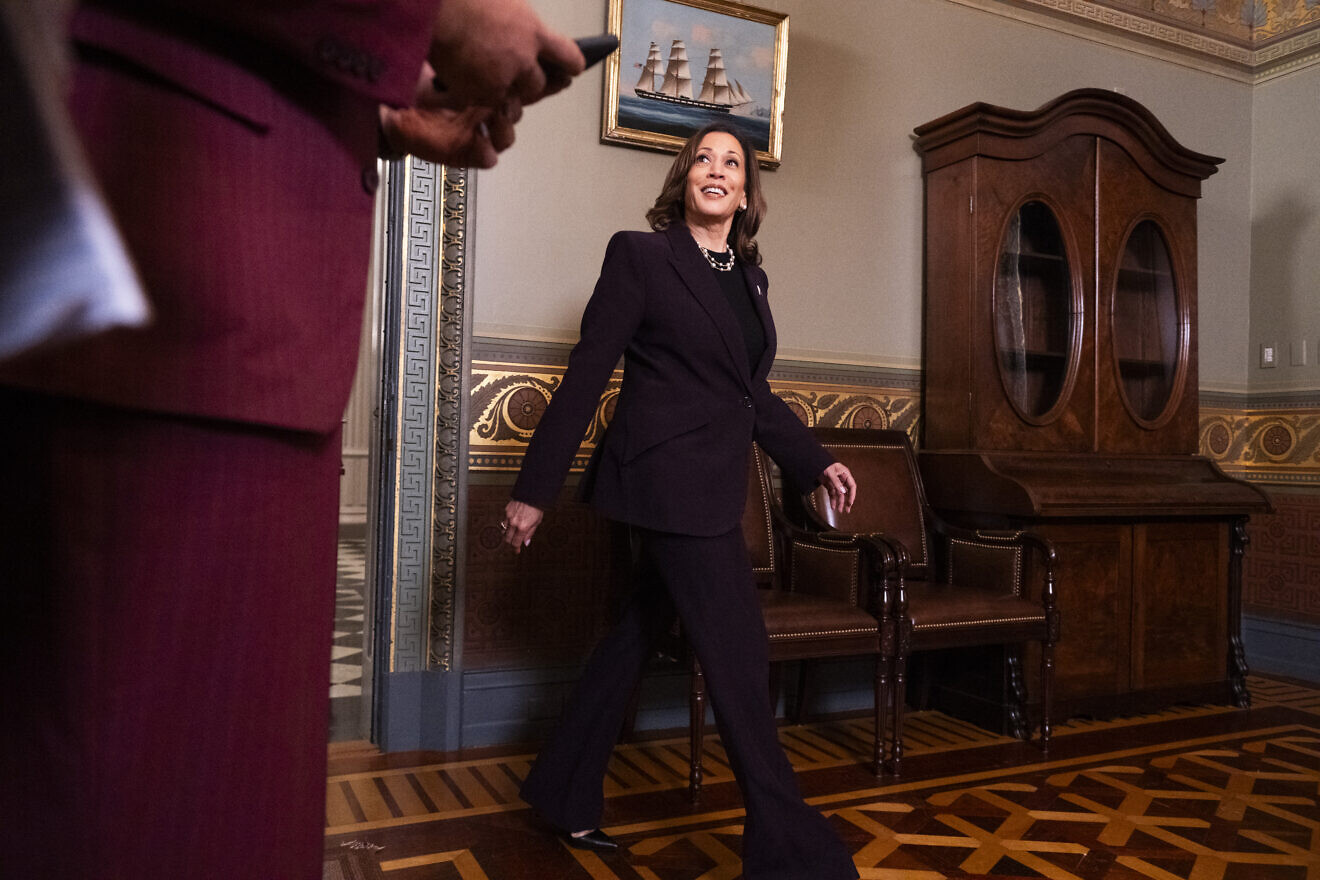 U.S. Vice President Kamala Harris arrives to speak to the press after a meeting with Israeli Prime Minister Benjamin Netanyahu in the vice president's ceremonial office at the Eisenhower Executive Office Building in Washington, D.C., on July 25, 2024. Photo by Roberto Schmidt/AFP via Getty Images.