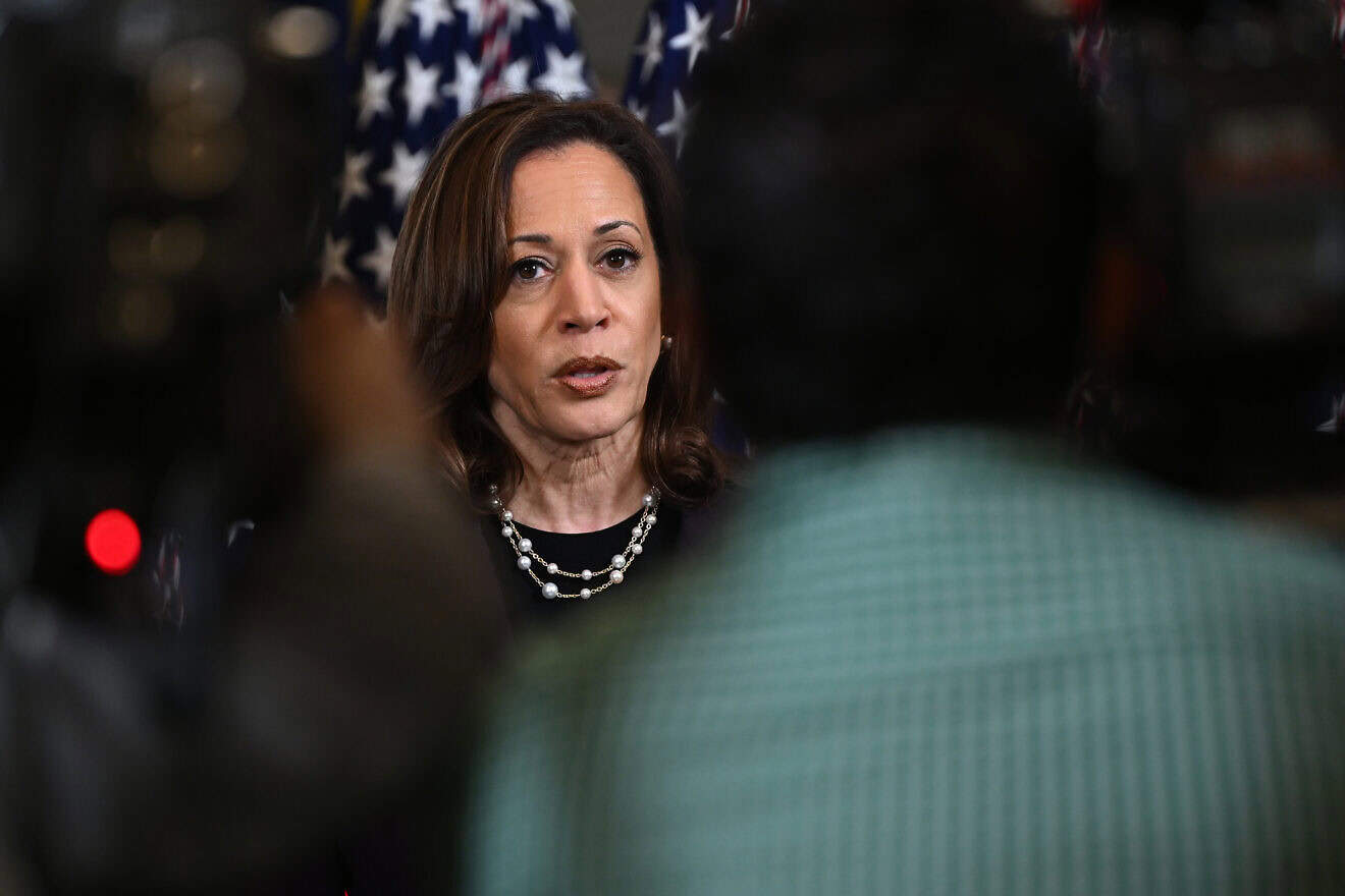 U.S. Vice President Kamala Harris speaks to reporters after meeting with Israeli Prime Minister Benjamin Netanyahu in the Vice President's ceremonial office in the Eisenhower Executive Office Building in Washington, D.C., on July 25, 2024. Photo by Kenny Holston-POOL/Getty Images.