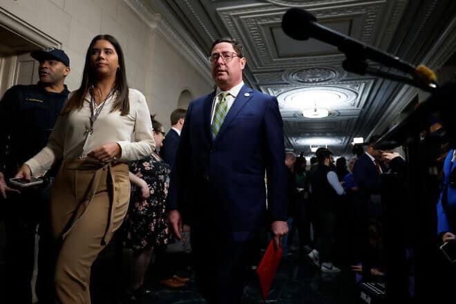 Rep. Mike Flood arrives at the Longworth House Office Building on Capitol Hill on Oct. 23, 2023. Photo by Chip Somodevilla/Getty Images.