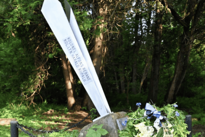 A sword-like monument at Seedrioru—a summer camp for Estonian children in Ontario—honors four men associated with the Nazi Germany SS. Credit: Friends of Simon Wiesenthal Center for Holocaust Studies.