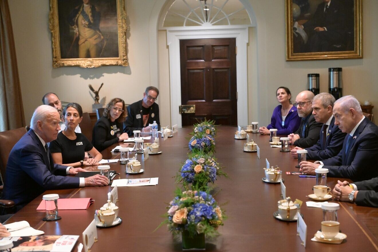 U.S. President Joe Biden and Israeli Prime Minister Benjamin Netanyahu meet with the families of American hostages held by Hamas on July 25, 2024. Credit: Amos Ben Gershom/GPO.