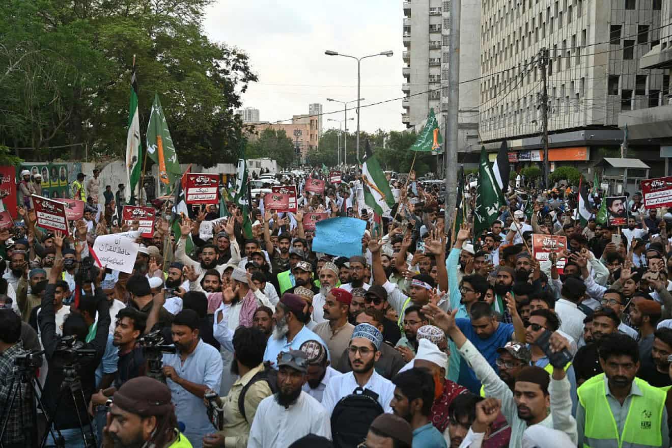 Tehreek-e-Labbaik Pakistan (TLP) party activists protest in Karachi to condemn Israel's attack on Hamas terrorists in Rafah, May 10, 2024. Photo by Asif Hassan/AFP via Getty Images.