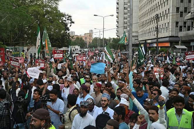 Tehreek-e-Labbaik Pakistan (TLP) party activists protest in Karachi to condemn Israel's attack on Hamas terrorists in Rafah, May 10, 2024. Photo by Asif Hassan/AFP via Getty Images.