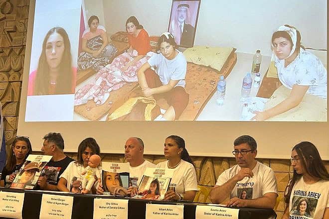 The parents of Liri Albag, Karina Ariev, Agam Berger, Daniella Gilboa and Naama Levy, at a press briefing at the Hostage and Missing Families Forum HQ in Tel Aviv, July 16, 2024. Photo by Amelie Botbol.