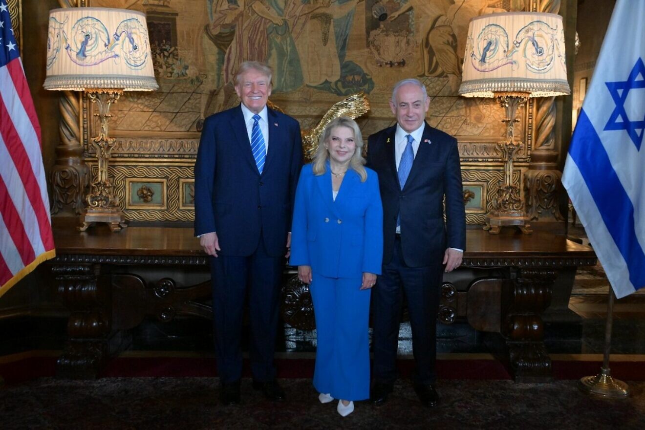 Israeli Prime Minister Benjamin Netanyahu and his wife, Sara, meet with former President Donald Trump, also the current 2024 Republican presidential candidate, at Mar-a-Lago in Palm Beach, Fla., on July 26, 2024. Credit: Amos Ben-Gershom/GPO.