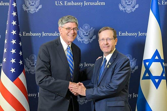 U.S. Ambassador Jack Lew (left) and Israeli President Isaac Herzog at an American Independence Day event in Jerusalem, July 3, 2024. Photo by Koby Gideon/GPO.