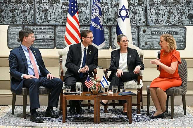 Rep. Brad Schneider (D-Ill.) and Debbie Wasserman Schultz (D-Fla.) with Israeli President Isaac Herzog (second from left) and his wife, Michal Herzog, in Jerusalem on March 28, 2024. Credit: Maayan Toaf/Israel President's Spokesperson's Office via Wikimedia Commons.