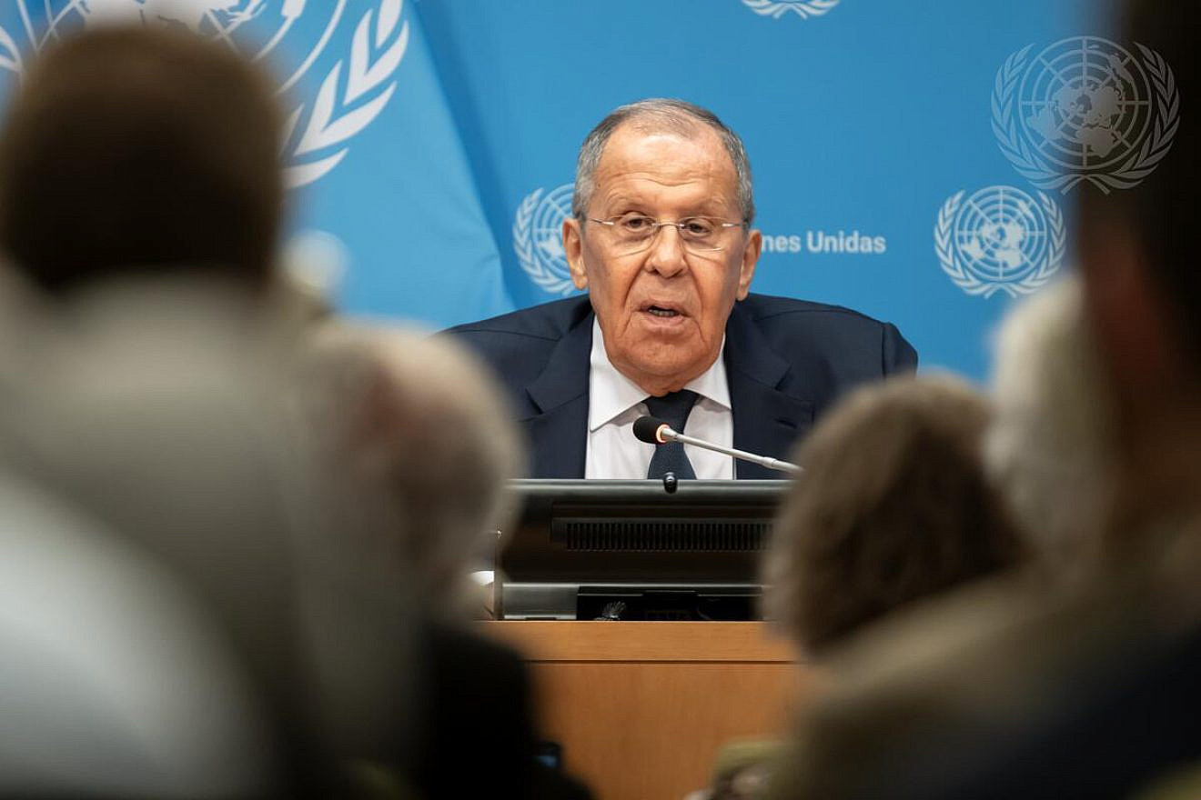 Sergey Lavrov, Russian foreign minister, briefs reporters at U.N. headquarters on July 17, 2024. Credit: Mark Garten/U.N. Photo.