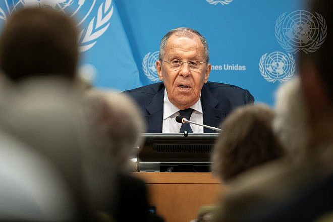 Sergey Lavrov, Russian foreign minister, briefs reporters at U.N. headquarters on July 17, 2024. Credit: Mark Garten/U.N. Photo.