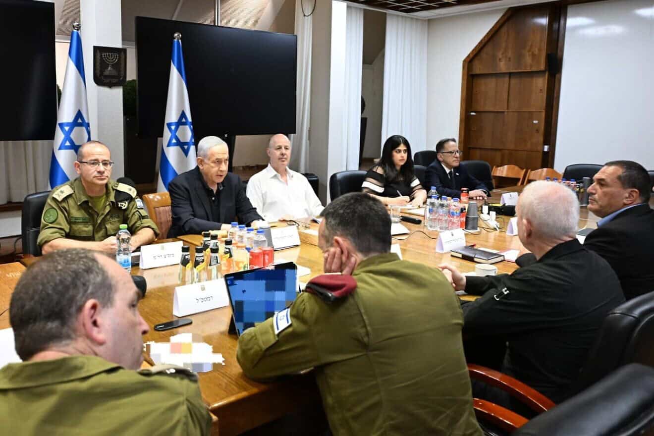 Israeli Prime Minister Benjamin Netanyahu convenes the Security Cabinet at the Kirya military headquarters in Tel Aviv following a deadly Hezbollah rocket attack on the Golan Heights, July 28, 2024. Credit: Government Press Office.