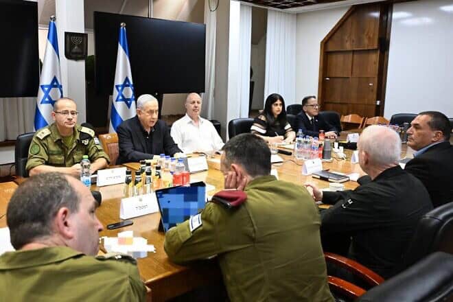 Israeli Prime Minister Benjamin Netanyahu convenes the Security Cabinet at the Kirya military headquarters in Tel Aviv following a deadly Hezbollah rocket attack on the Golan Heights, July 28, 2024. Credit: Government Press Office.