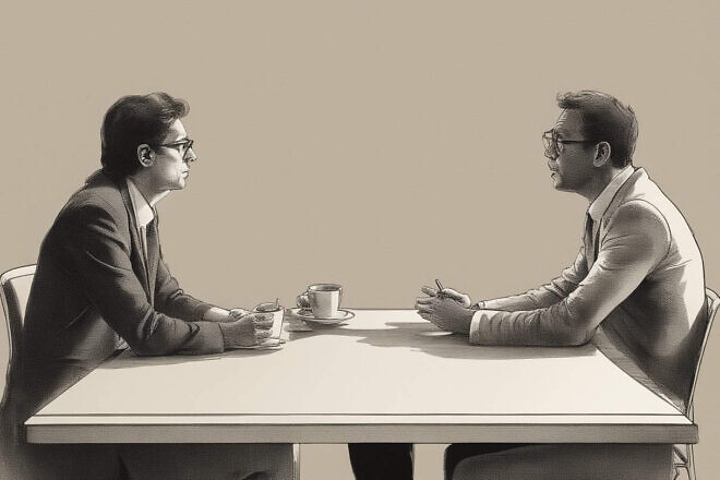 An illustrative image of two people having a discussion. Source: DeepAI.