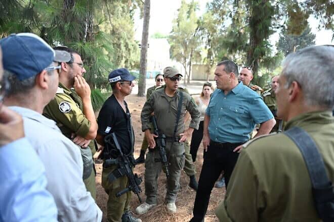 Defense Ministry Director General Maj. Gen. (res.) Eyal Zamir and security officers taking part in a drill that marked the start of the pilot, Aug. 12, 2024. Credit: Israeli Ministry of Defense.