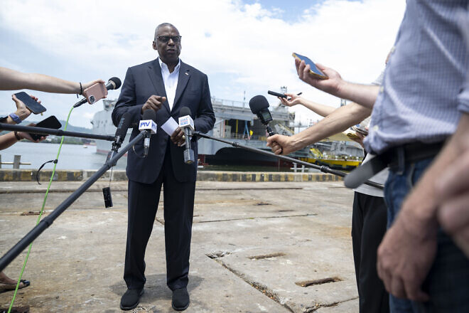 U.S. Secretary of Defense Lloyd Austin answers questions from local and traveling press in front of the Spearhead-class expeditionary fast transport USNS Millinocket (JHSV-3) during his visit to the Subic Bay, Philippines, July 31, 2024. Credit: U.S. Navy Petty Officer 1st Class Alexander Kubitza/U.S. Department of Defense.