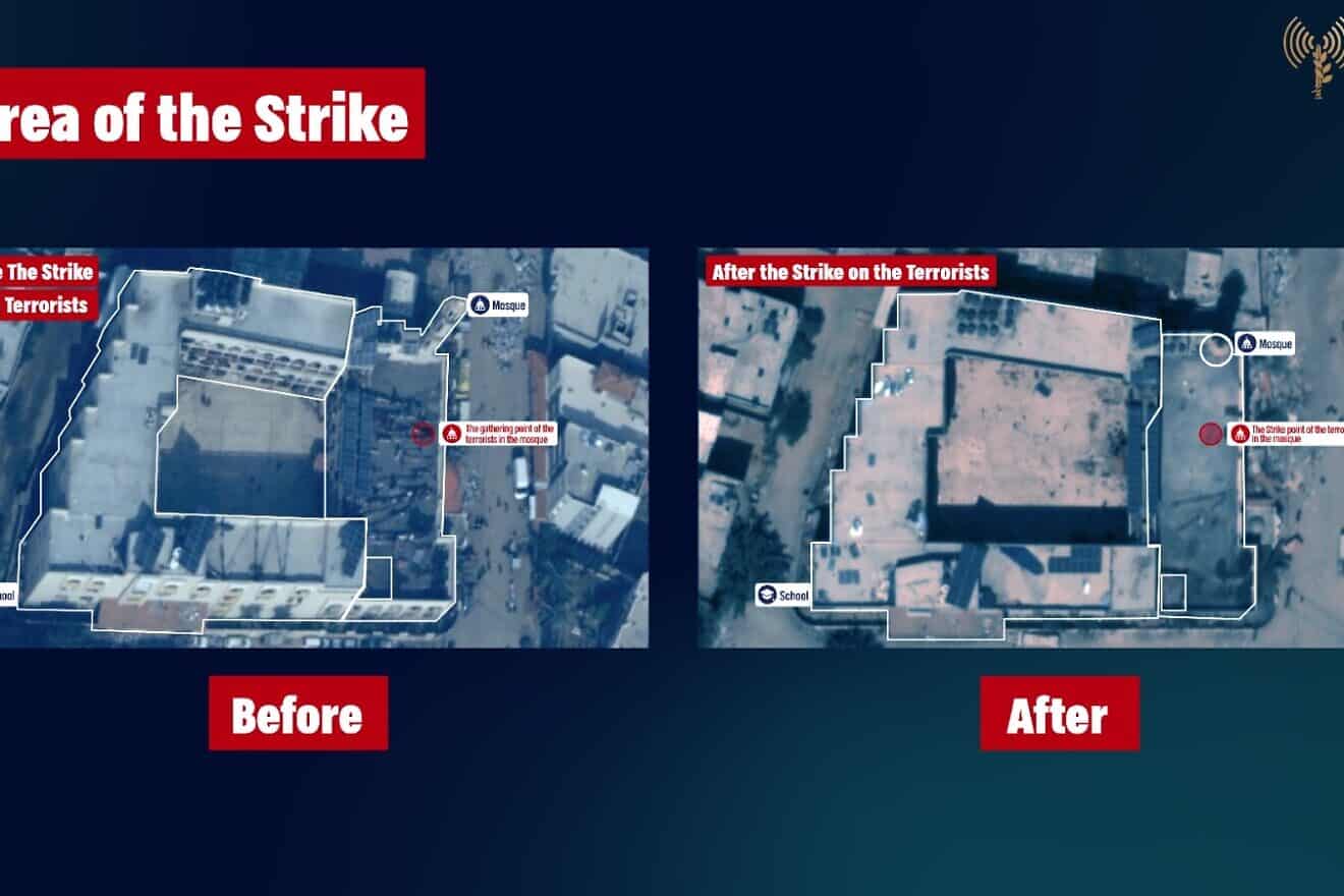 Aerial images of the school compound before and after the Israeli strike. Credit: IDF.