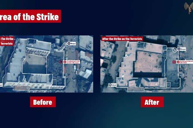 Aerial images of the school compound before and after the Israeli strike. Credit: IDF.