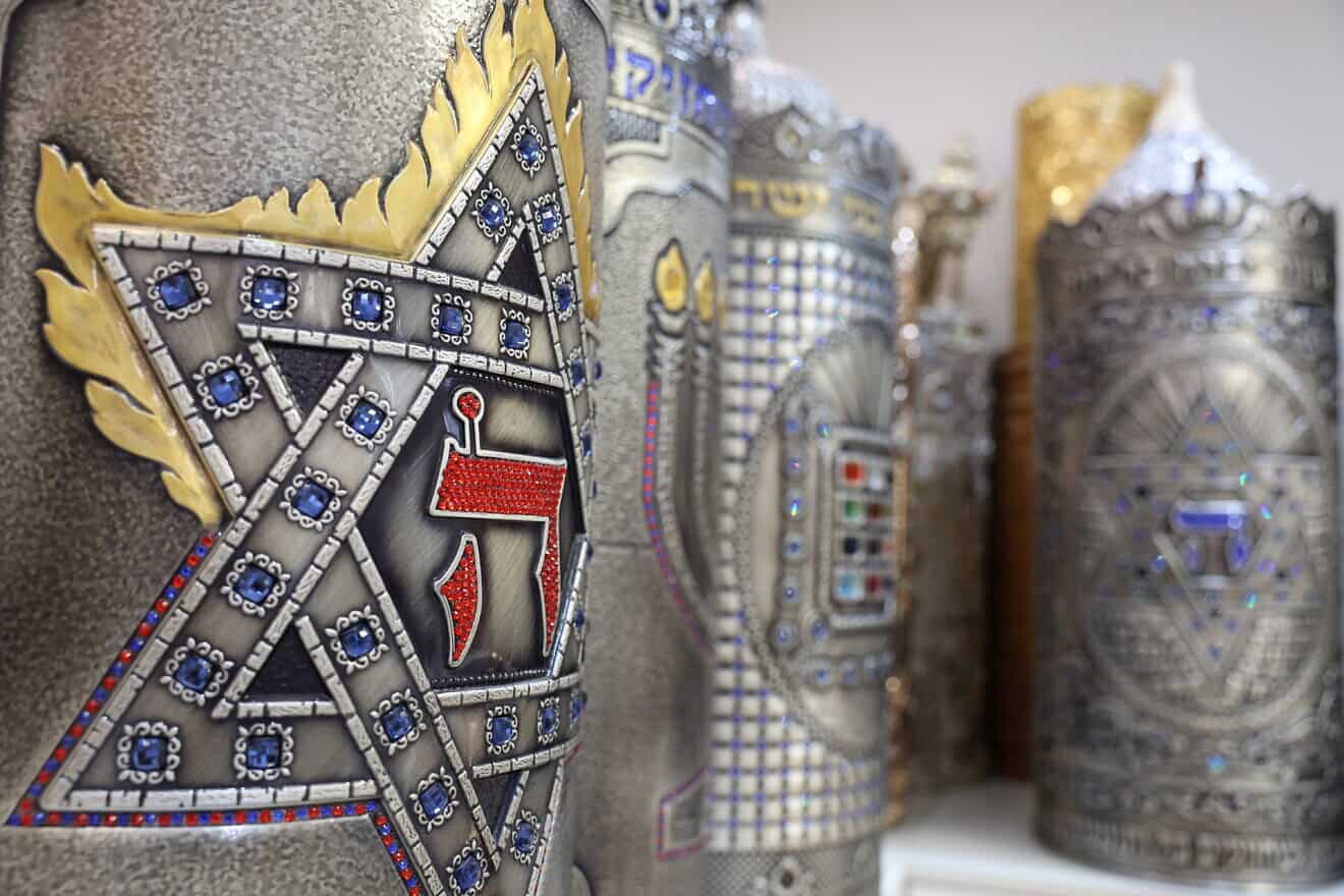 Covers for Torah scrolls at the Achim Chai factory in Petach Tikvah, Israel, on Feb. 14, 2023. Photo by David Cohen/Flash90.