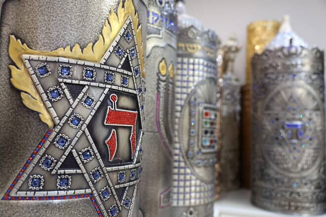 Covers for Torah scrolls at the Achim Chai factory in Petach Tikvah, Israel, on Feb. 14, 2023. Photo by David Cohen/Flash90.