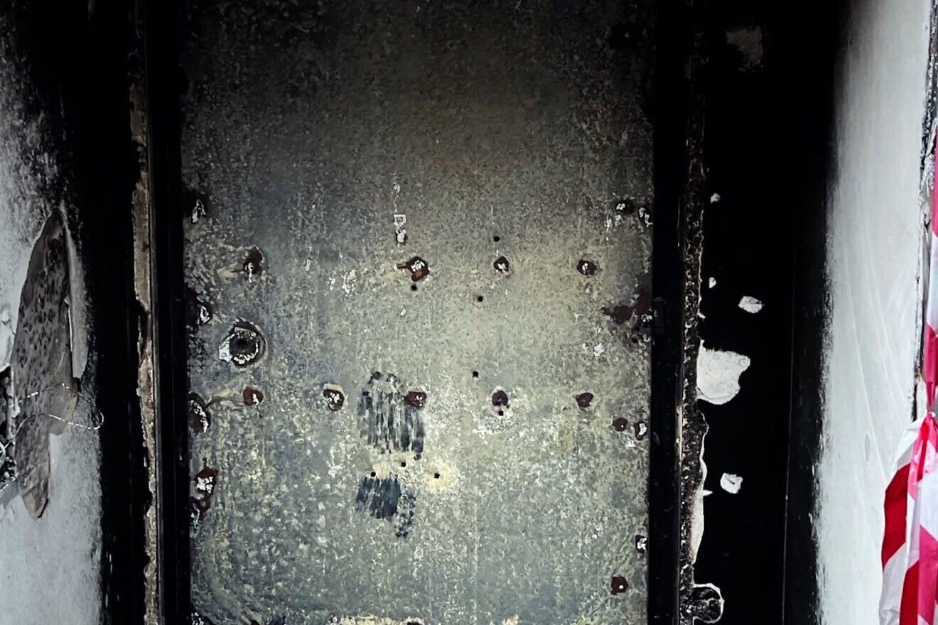 The door to a safe room, from the documentary “Saving Dror,” where Sagi Shifroni and his young daughter hid while Hamas terrorists attacked their home on Oct. 7. Credit: Courtesy of ChaiFlicks.