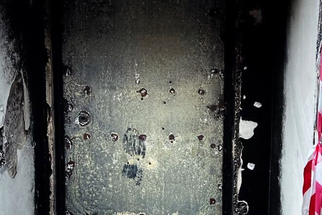 The door to a safe room, from the documentary “Saving Dror,” where Sagi Shifroni and his young daughter hid while Hamas terrorists attacked their home on Oct. 7. Credit: Courtesy of ChaiFlicks.