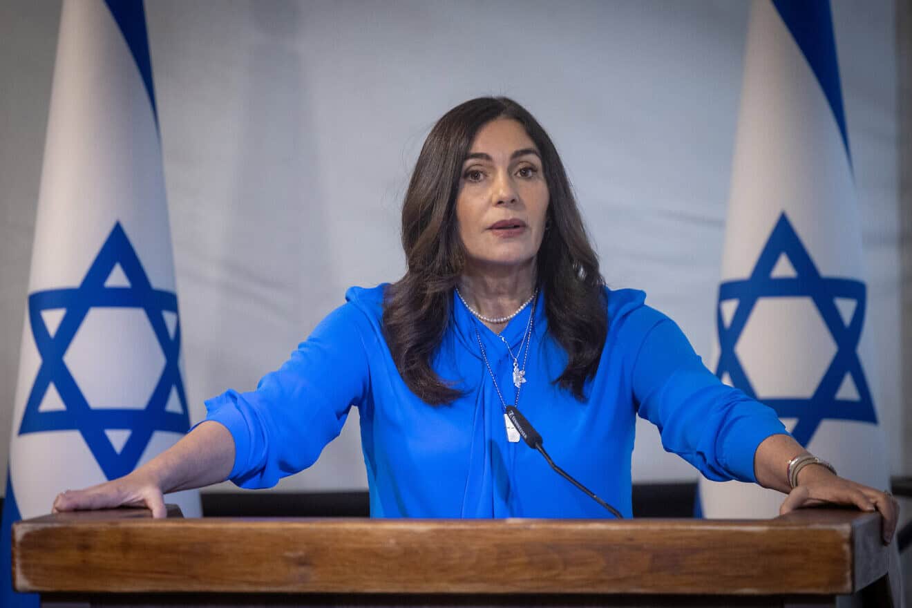 Israeli Transportation Minister Miri Regev holds a press conference ahead of Israel's 76th Independence Day, May 8, 2024. Photo by Chaim Goldberg/Flash90.