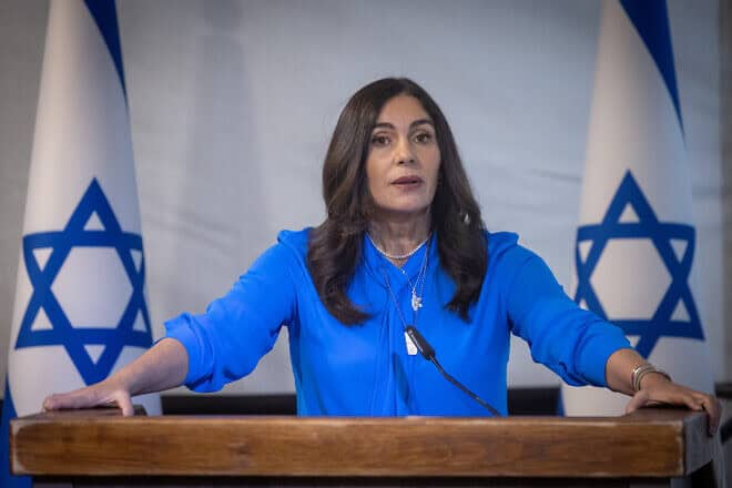 Israeli Transportation Minister Miri Regev holds a press conference ahead of Israel's 76th Independence Day, May 8, 2024. Photo by Chaim Goldberg/Flash90.