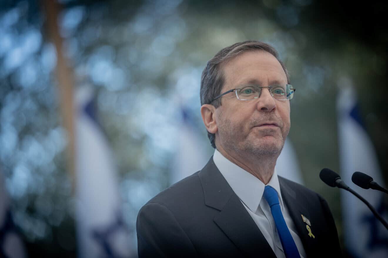 President Isaac Herzog speaks during a swearing-in ceremony for judges at his official residence in Jerusalem, June 23, 2024. Photo by Chaim Goldberg/Flash90.