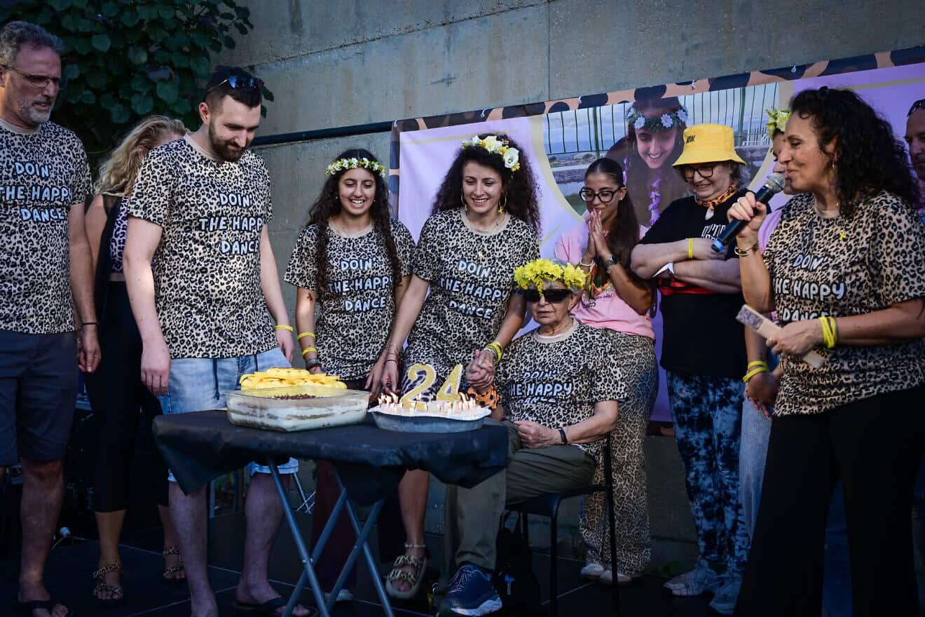 Family members of Israeli hostage Romi Gonen celebrate her 24th birthday in Hamas captivity in Tel Aviv, Aug. 18, 2024. Photo by Avshalom Sassoni/Flash90.