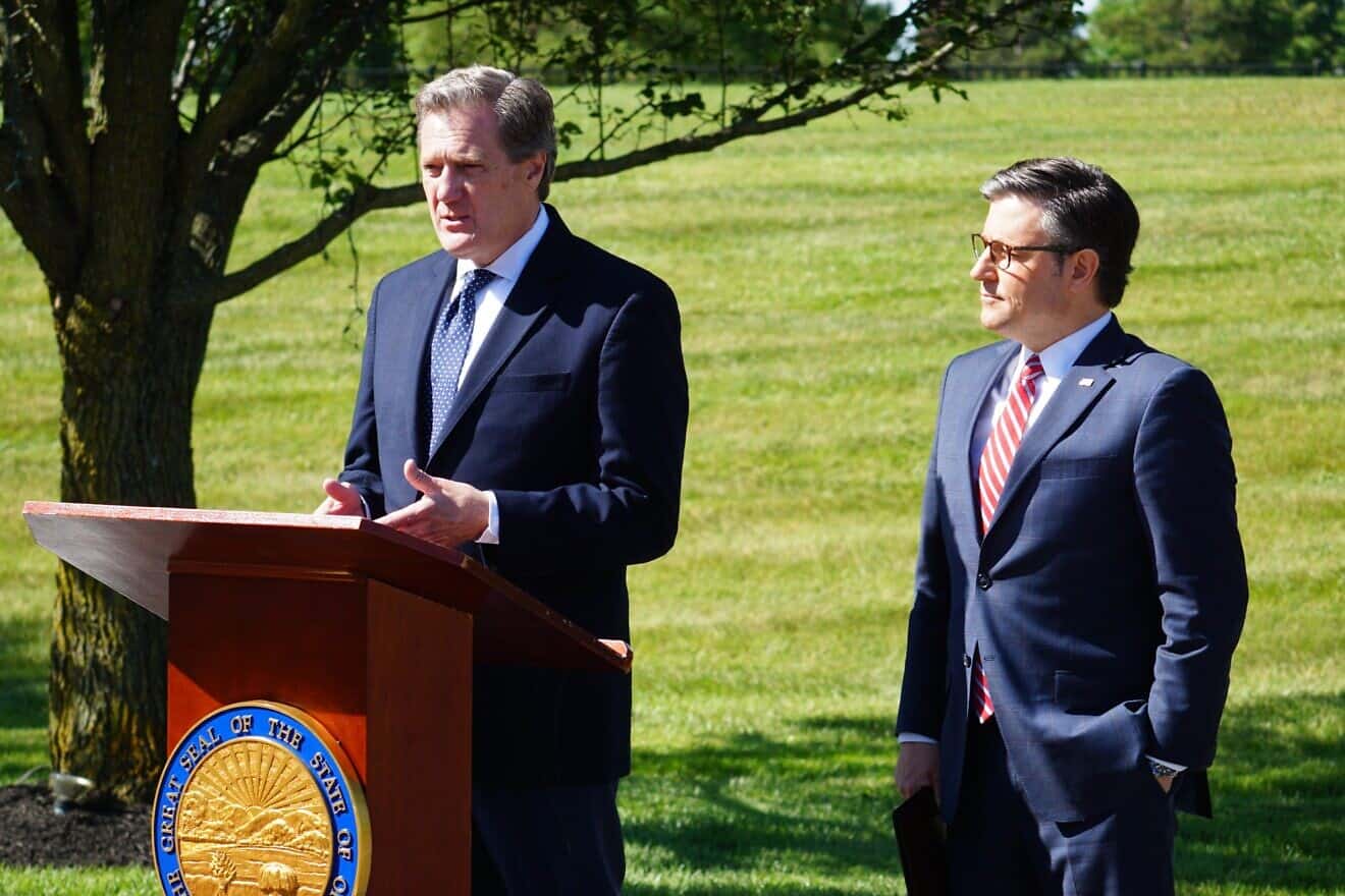 House Intelligence Committee chairman Rep. Mike Turner (R-Ohio), left, and Speaker of the House Mike Johnson (R-La.) in Dayton, Ohio on May 31, 2024. Source: X/@RepMikeTurner.