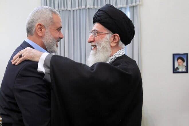 Iran’s Supreme Leader Ayatollah Ali Khamenei (right) embraces Hamas leader Ismail Haniyeh. Source: Khamenei's Twitter account, posted May 24, 2021.